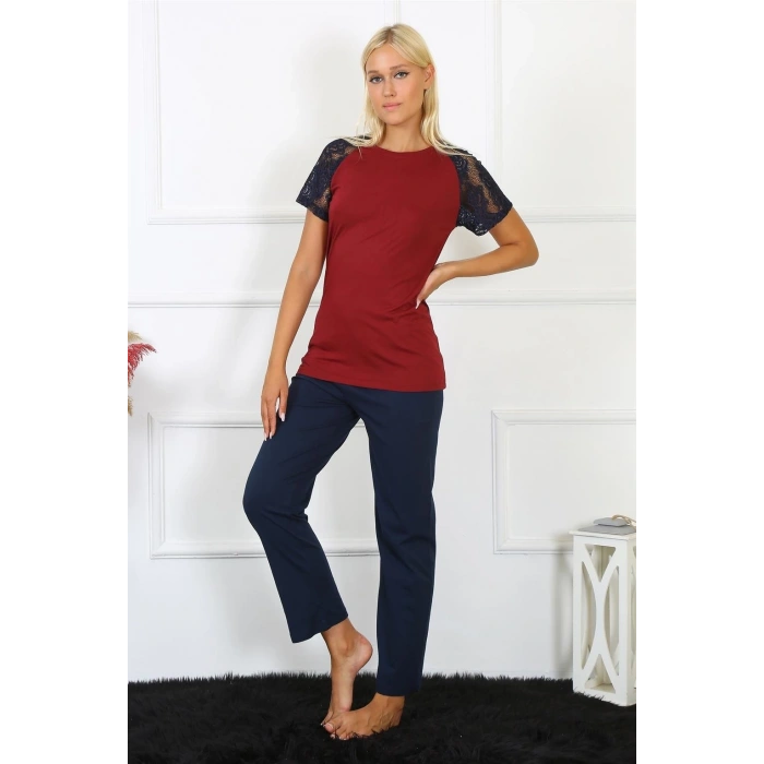 Kadın Kolu Dantelli Penye Pijama Takım Bordo