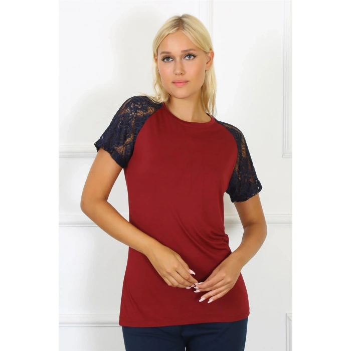 Kadın Kolu Dantelli Penye Pijama Takım Bordo