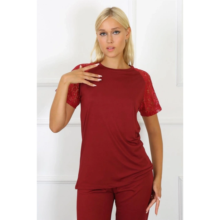 Kadın Kolu Dantelli Penye Pijama Takım Bordo