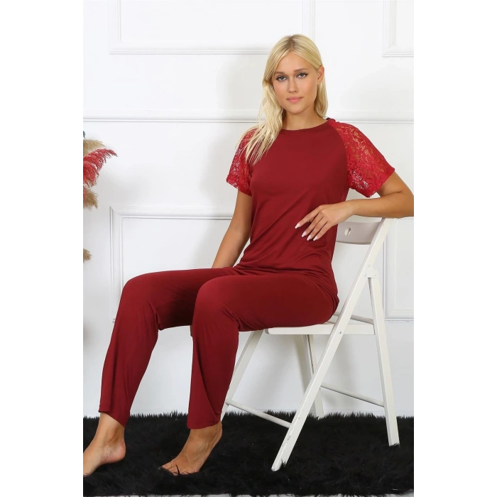 Kadın Kolu Dantelli Penye Pijama Takım Bordo