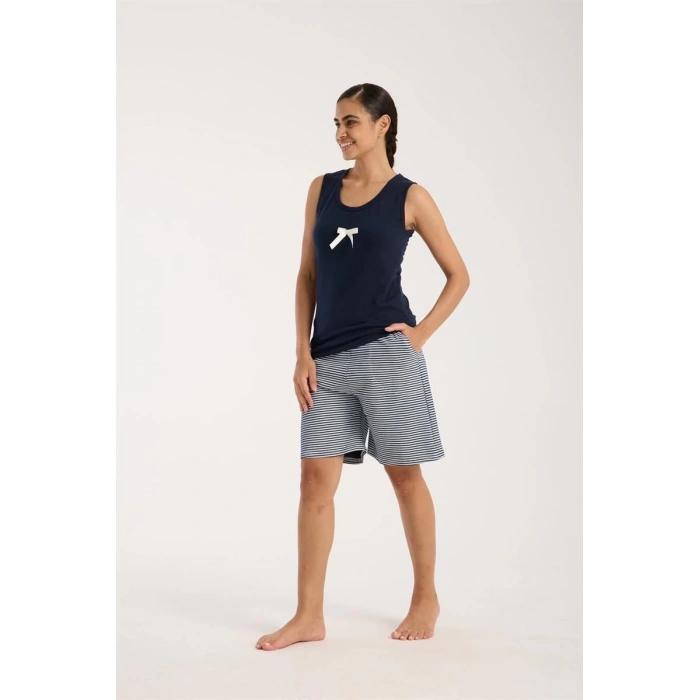 Kadın Lacivert Kurdele Detaylı Çizgili Şortlu Pijama Takımı
