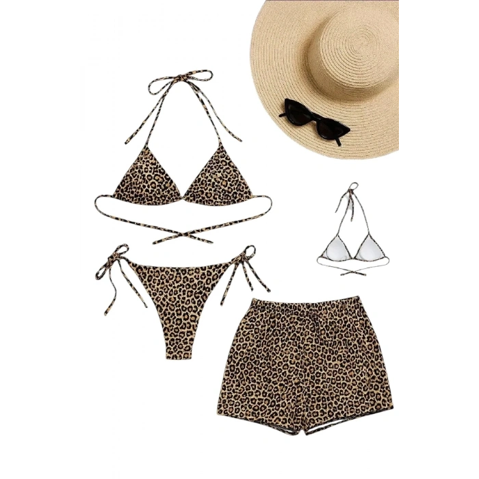 Kadın Leopar Desenli 3’lü Bikini Takımı Şortlu Yandan Bağlamalı Alt Üst Plaj Kombin Mayo Seti