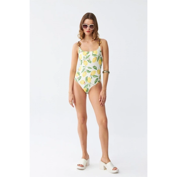 Kadın Limon Desenli Aksesuar Askılı Tek Parça Mayo – Ekru