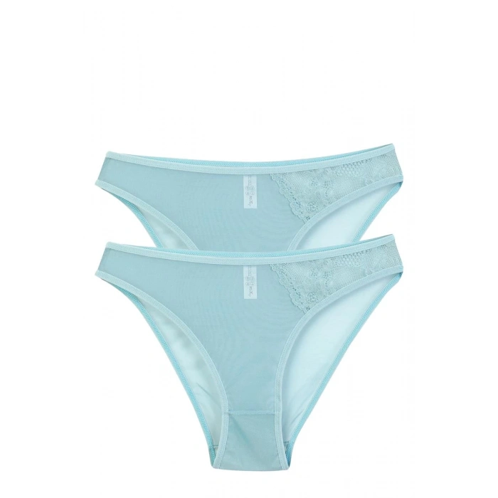 Kadın Mavi Dantel Detaylı Transparan 2li Slip