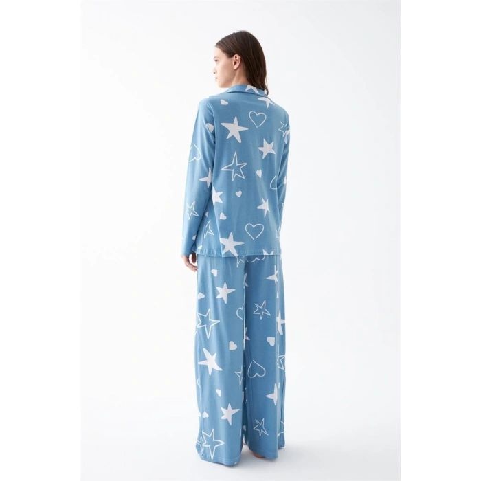 Kadın Mavi Yıldız Desenli Düğmeli Pamuklu Pijama Takımı