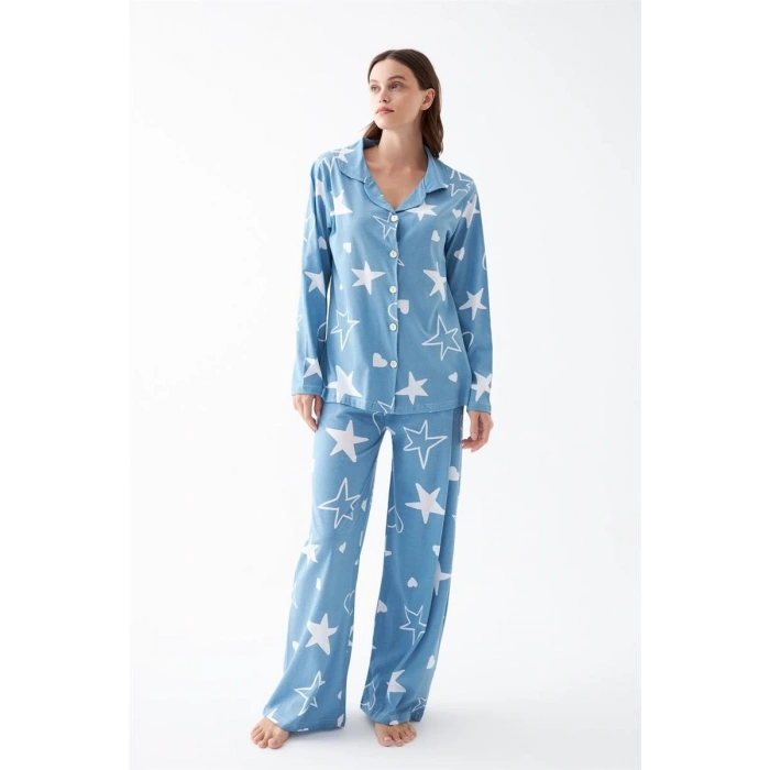 Kadın Mavi Yıldız Desenli Düğmeli Pamuklu Pijama Takımı