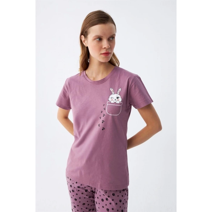 Kadın Mor Patili Tavşan Baskılı Cepli Pijama Takımı