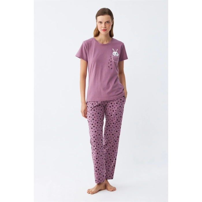 Kadın Mor Patili Tavşan Baskılı Cepli Pijama Takımı