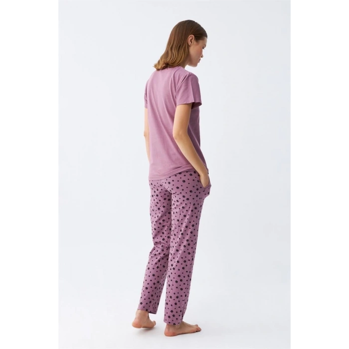 Kadın Mor Patili Tavşan Baskılı Cepli Pijama Takımı