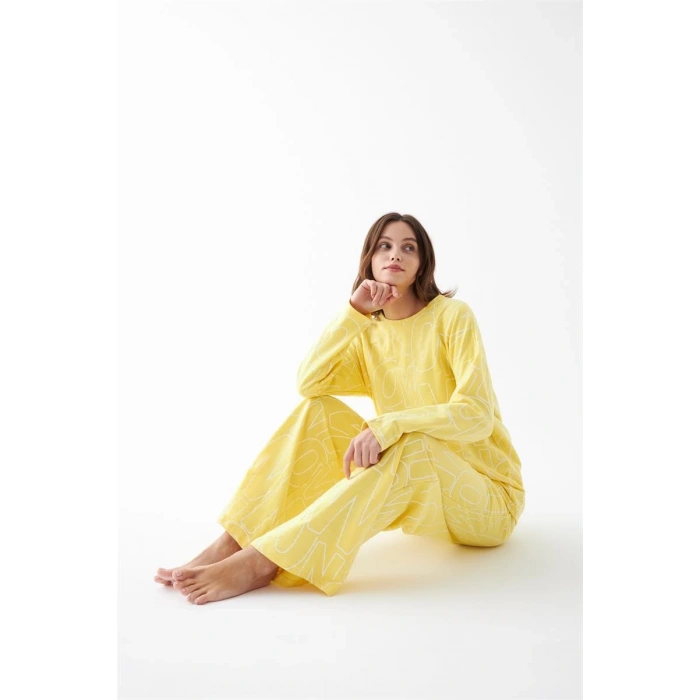 Kadın Oversize Sarı Desenli Pamuklu Kalın Pijama Takımı