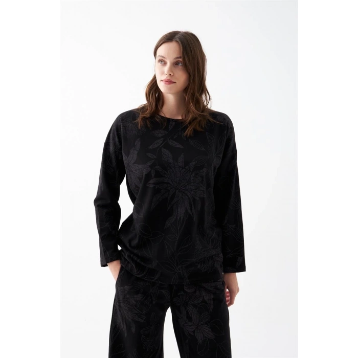 Kadın Oversize Siyah Çiçek Desenli Pamuklu Kalın Pijama Takımı