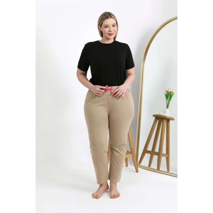 Kadın Pamuklu Büyük Beden Alt Pijama Bej