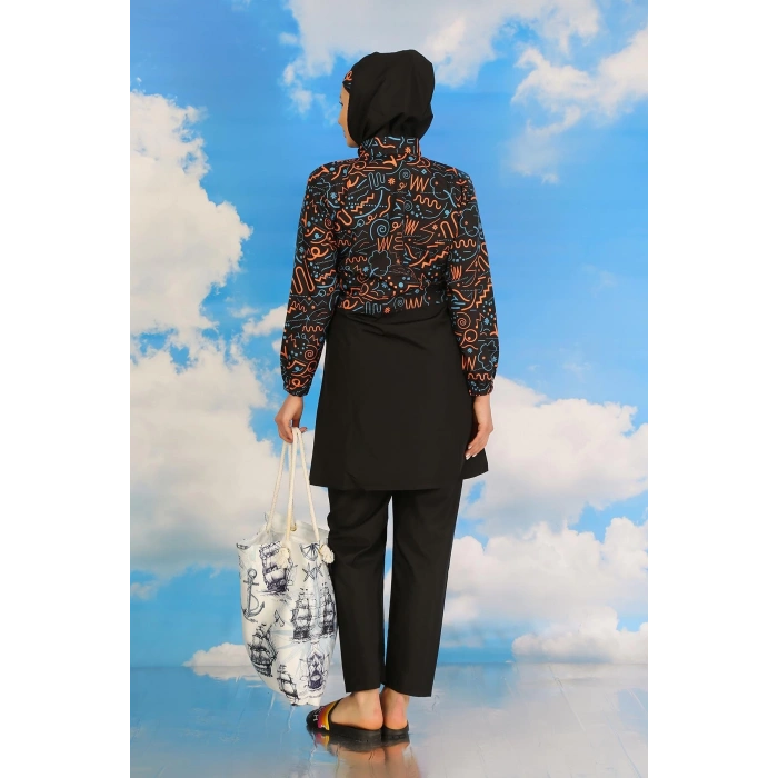 Kadın Pantolonlu Desenli Tam Tesettür Mayo Siyah
