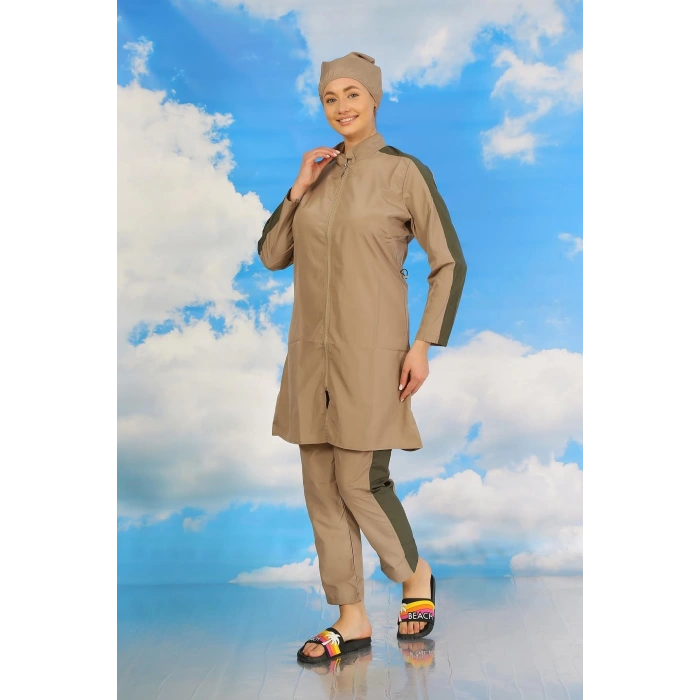 Kadın Pantolonlu Kolu Şeritli Tam Tesettür Mayo Bej