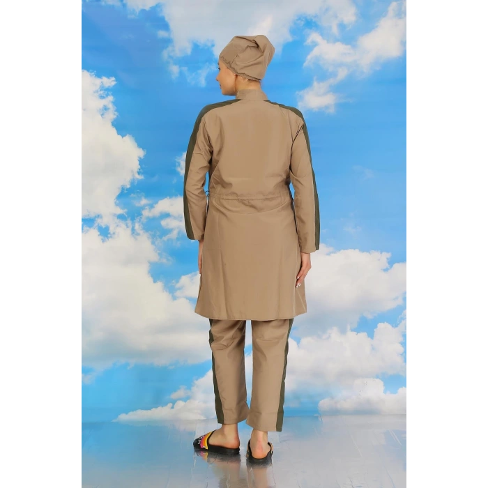Kadın Pantolonlu Kolu Şeritli Tam Tesettür Mayo Bej