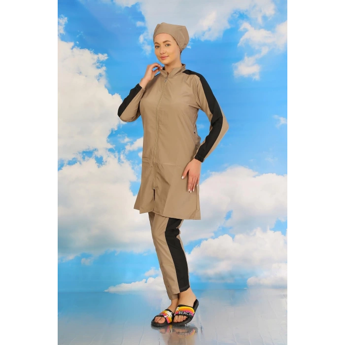 Kadın Pantolonlu Kolu Şeritli Tam Tesettür Mayo Bej