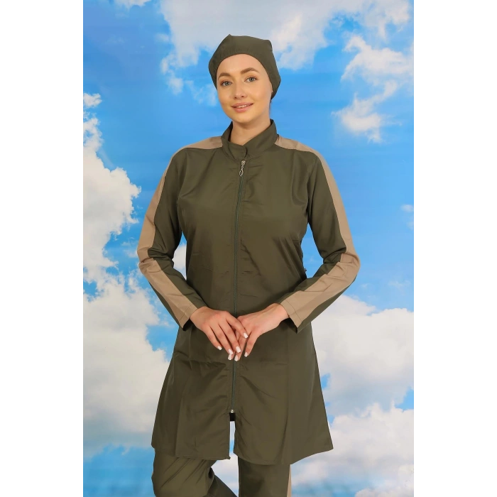 Kadın Pantolonlu Kolu Şeritli Tam Tesettür Mayo Haki