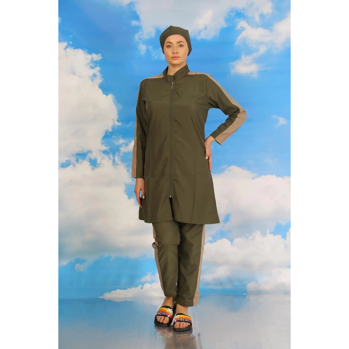 Kadın Pantolonlu Kolu Şeritli Tam Tesettür Mayo Haki
