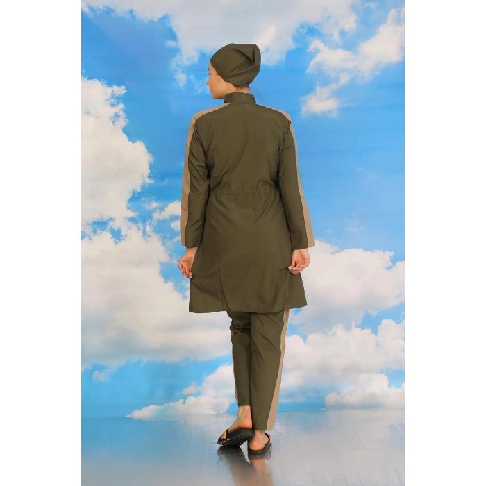 Kadın Pantolonlu Kolu Şeritli Tam Tesettür Mayo Haki