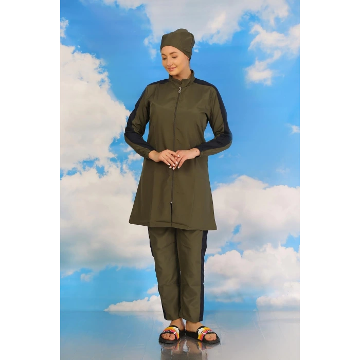 Kadın Pantolonlu Kolu Şeritli Tam Tesettür Mayo Haki