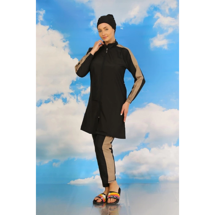 Kadın Pantolonlu Kolu Şeritli Tam Tesettür Mayo Siyah