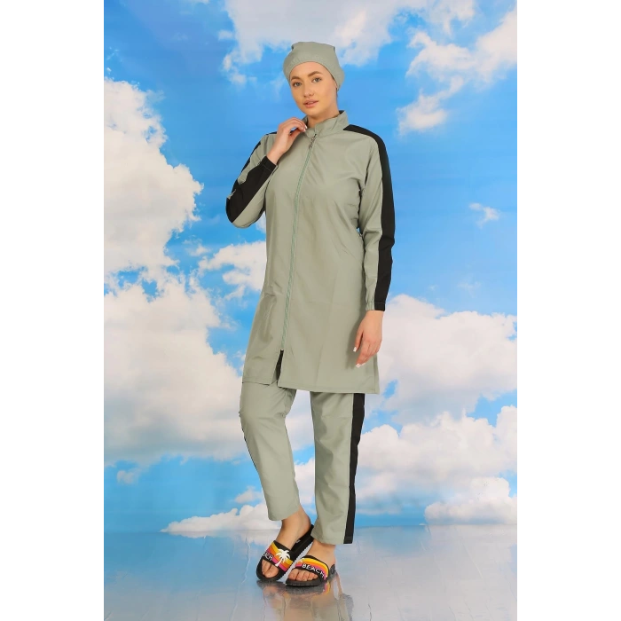Kadın Pantolonlu Kolu Şeritli Tam Tesettür Mayo Su Yeşili