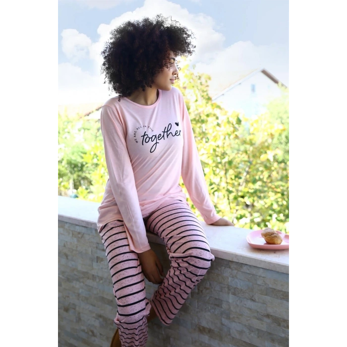 Kadın Penye Uzun Kol Pijama Takım Pembe