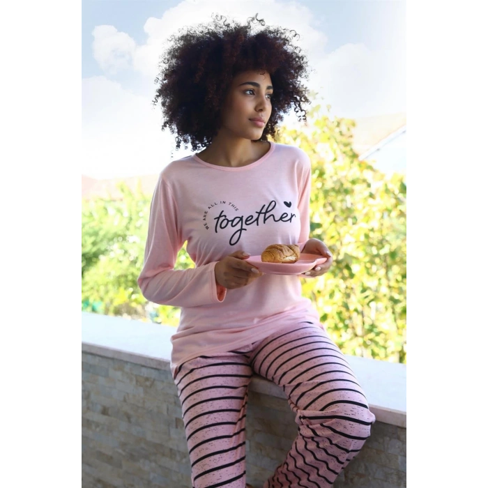 Kadın Penye Uzun Kol Pijama Takım Pembe