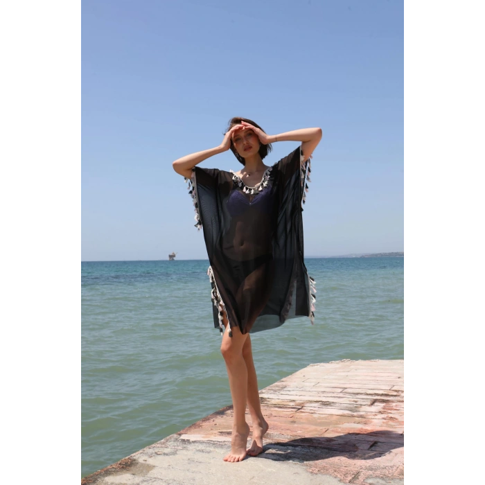 Kadın Püsküllü Tunik Pareo Plaj Elbisesi Siyah
