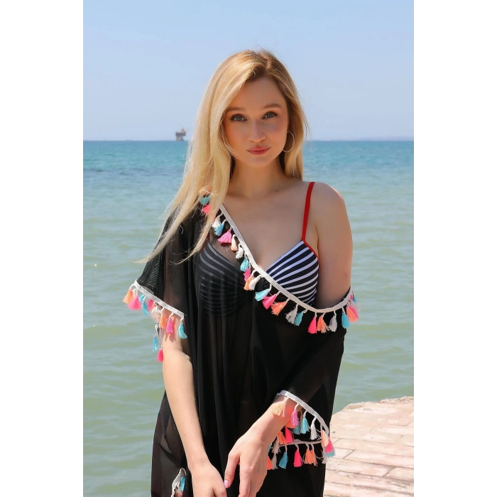 Kadın Püsküllü Tunik Pareo Plaj Elbisesi Siyah