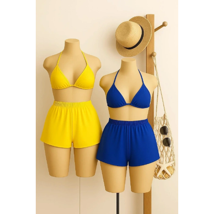 Kadın Sarı ve Mavi Şortlu Belden ve Boyundan Bağlamalı Bikini Takımı