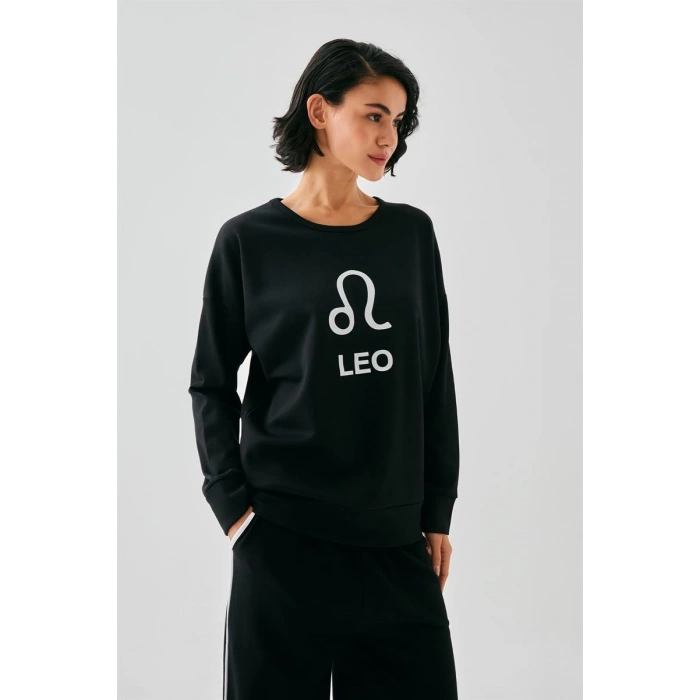 Kadın Siyah Aslan Burcu Oversize 2 İplik Eşofman Ev Giyim Takımı