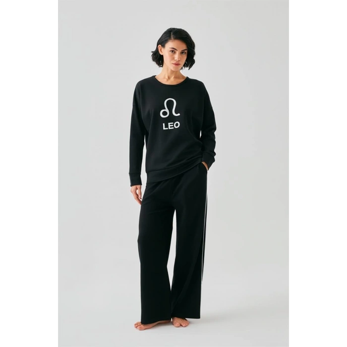 Kadın Siyah Aslan Burcu Oversize 2 İplik Eşofman Ev Giyim Takımı