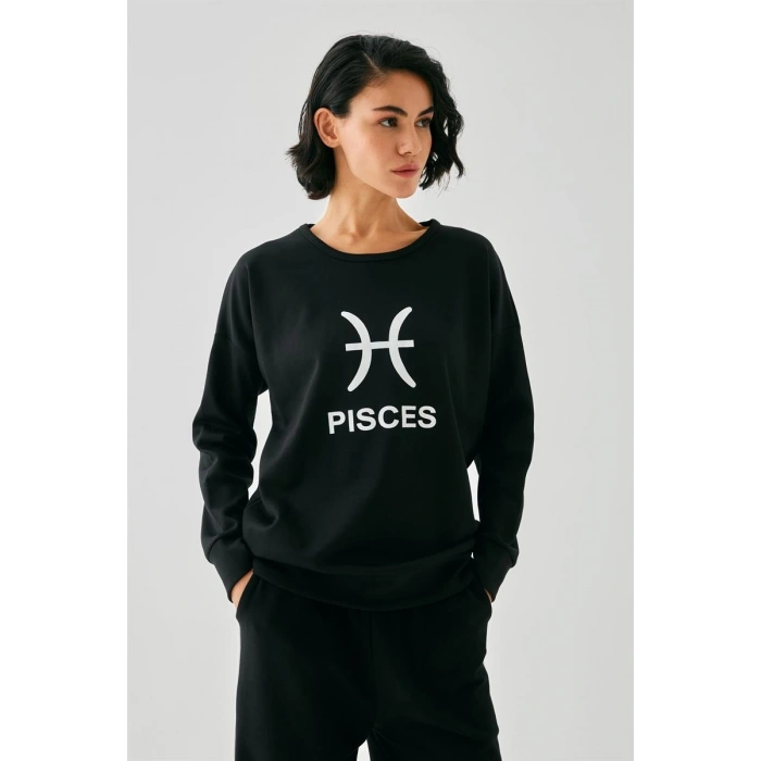 Kadın Siyah Balık Burcu Oversize 2 İplik Eşofman Ev Giyim Takımı