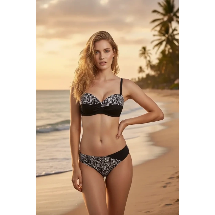 Kadın Siyah Beyaz Zebra Desenli Straplez Bikini Takımı