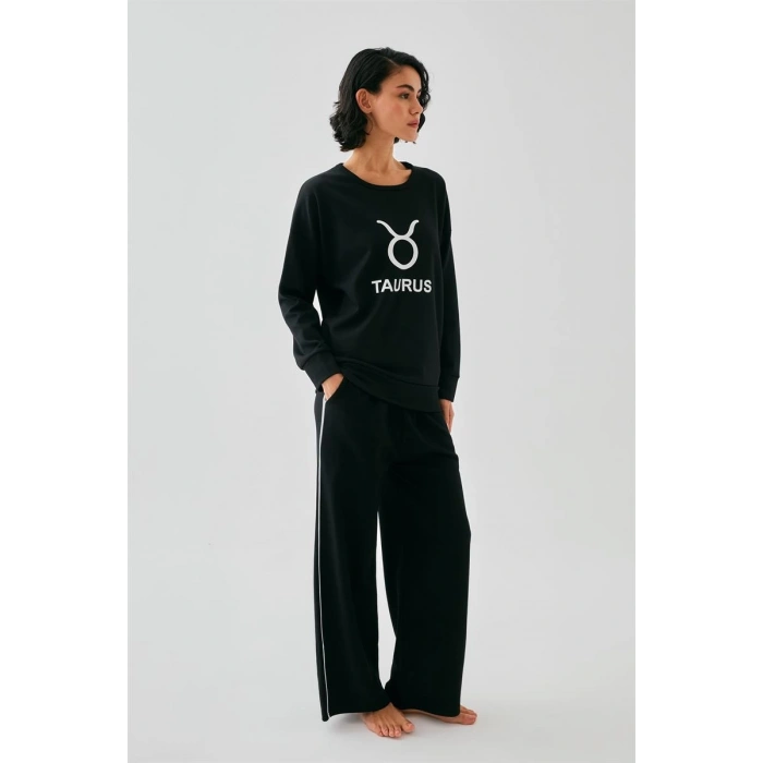 Kadın Siyah Boğa Burcu Oversize 2 İplik Eşofman Ev Giyim Takımı