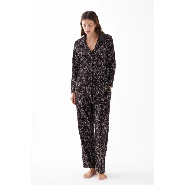 Kadın Siyah Düğmeli Kalp Desenli Pamuklu Pijama Takımı
