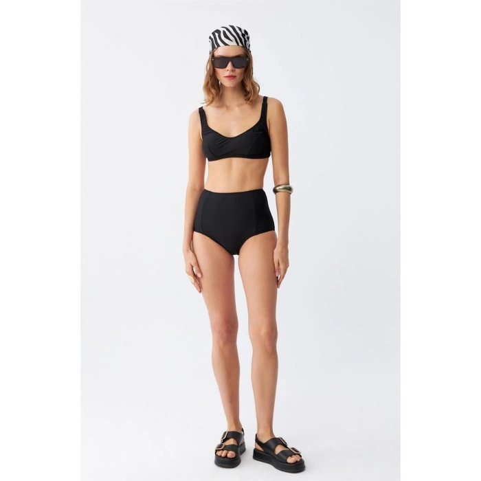 Kadın Siyah Pedli Kare Yaka Yüksek Bel Bikini Takımı