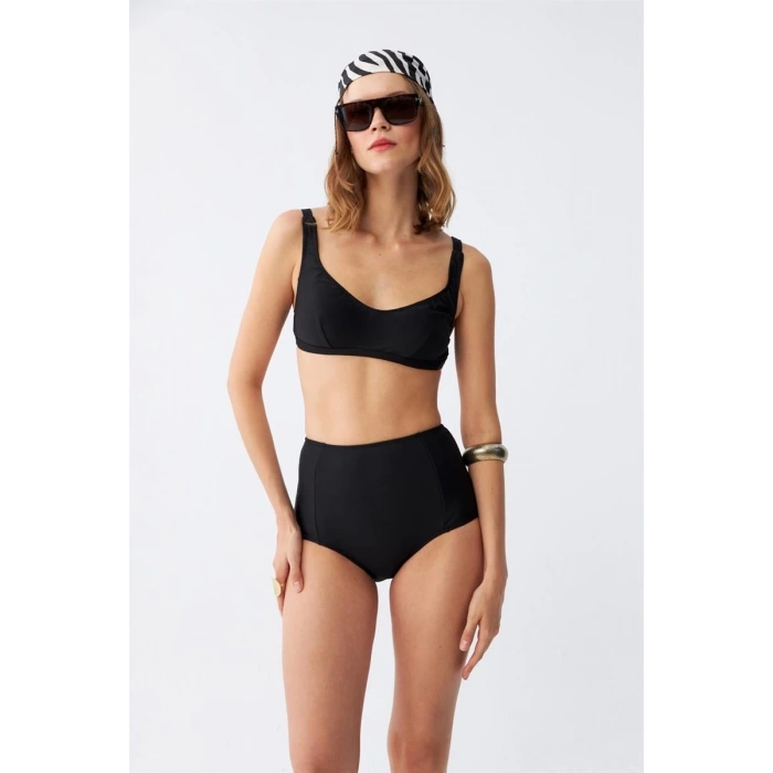 Kadın Siyah Pedli Kare Yaka Yüksek Bel Bikini Takımı