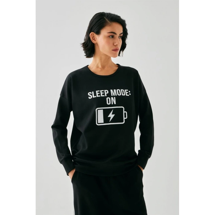 Kadın Siyah Sleep Mode ON Oversize 2 İplik Eşofman Ev Giyim Takımı