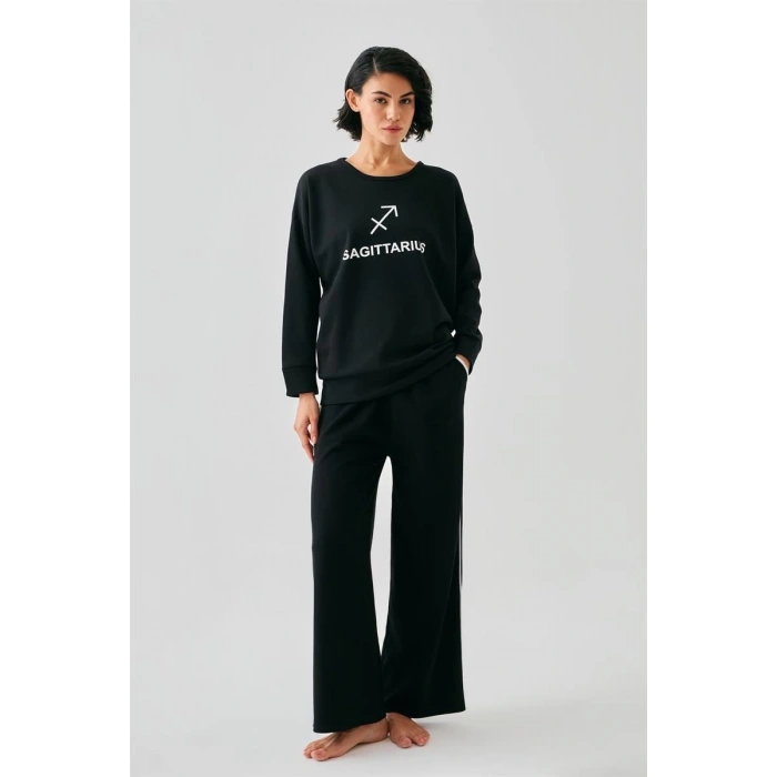 Kadın Siyah Yay Burcu Oversize 2 İplik Eşofman Ev Giyim Takımı