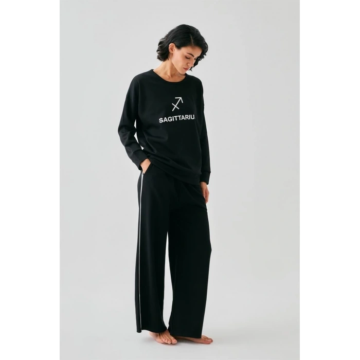 Kadın Siyah Yay Burcu Oversize 2 İplik Eşofman Ev Giyim Takımı