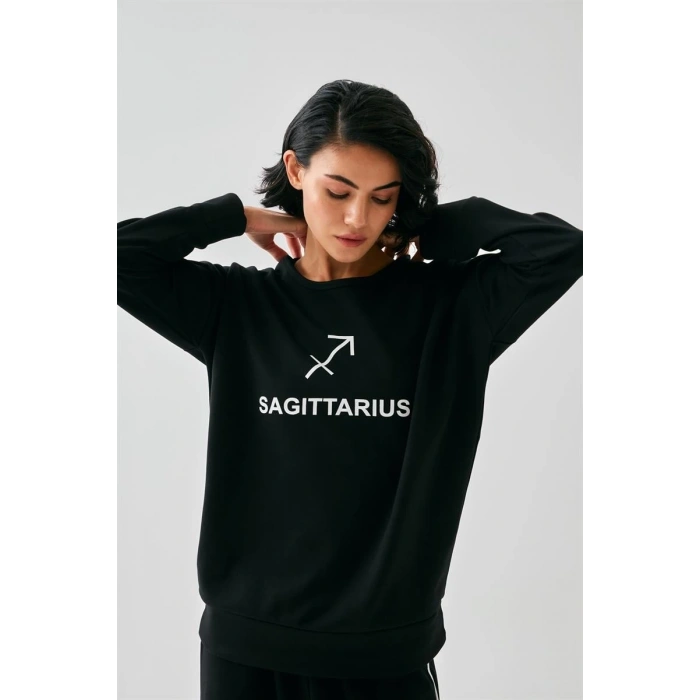 Kadın Siyah Yay Burcu Oversize 2 İplik Eşofman Ev Giyim Takımı