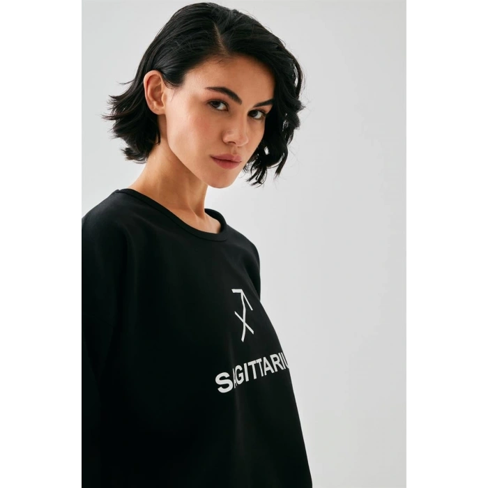 Kadın Siyah Yay Burcu Oversize 2 İplik Eşofman Ev Giyim Takımı