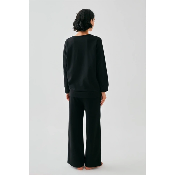 Kadın Siyah Yay Burcu Oversize 2 İplik Eşofman Ev Giyim Takımı