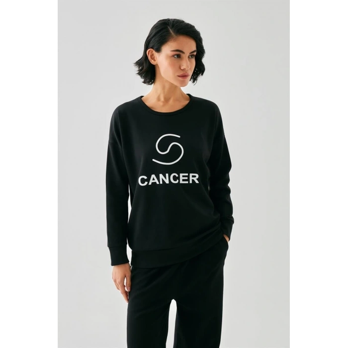 Kadın Siyah Yengeç Burcu Oversize 2 İplik Eşofman Ev Giyim Takımı