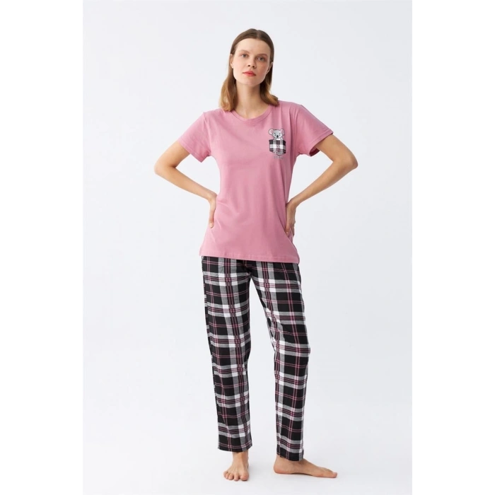 Kadın Somon Ayıcık Baskılı Ekoseli Penye Pijama Takımı
