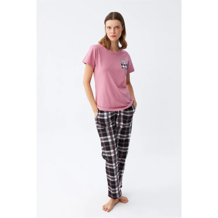 Kadın Somon Ayıcık Baskılı Ekoseli Penye Pijama Takımı