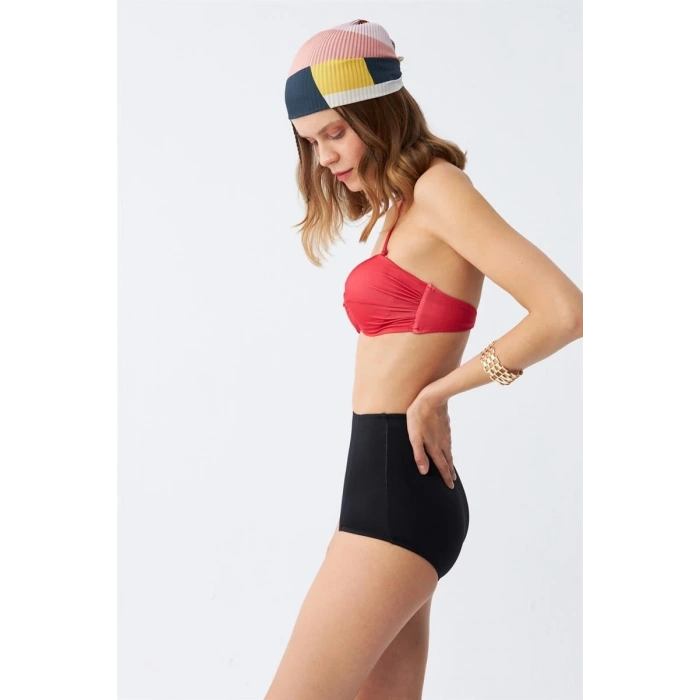 Kadın Straplez Kırmızı Yüksek Bel Bikini Takımı