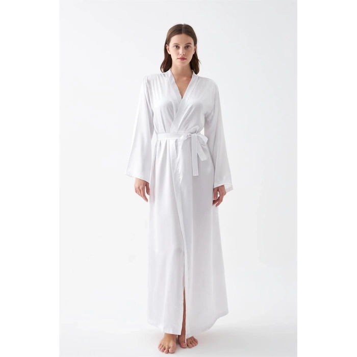 Kadın Uzun Beyaz Saten Sabahlık
